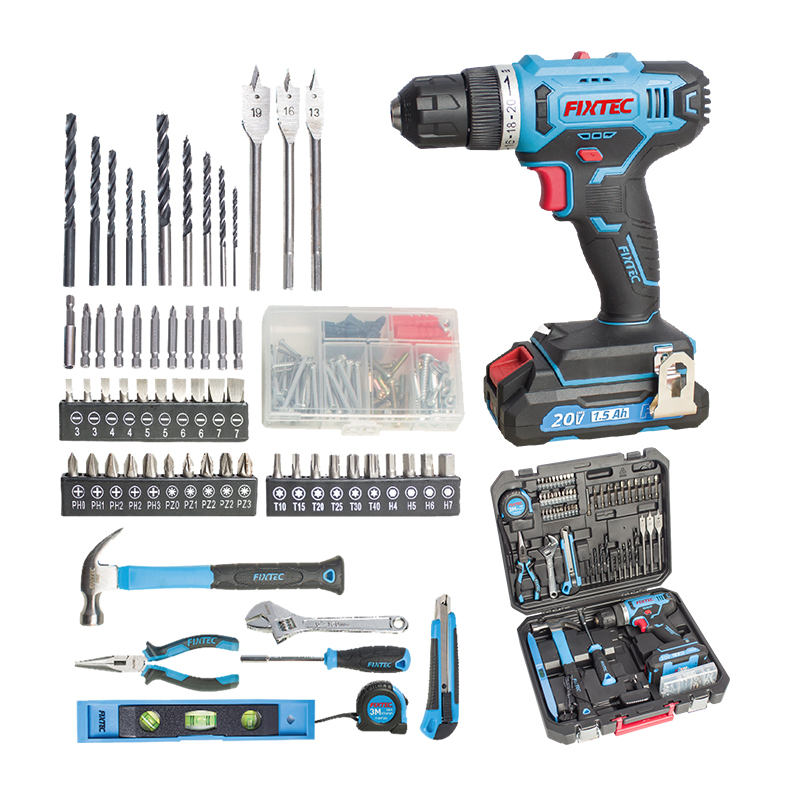 Fixtec Workshop Battery Power Tools Kit 20V LED Electric Drill Combo Kit Cordless Impact Drill with 221PCS Accesories