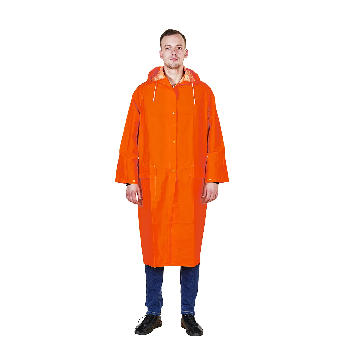 R023 Orange 100% Waterproof PVC/Polyester/PVC Rain Coat Hooded