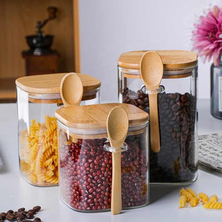 Elegant Square Glass Storage Jars with Wooden Lid and Spoon Set