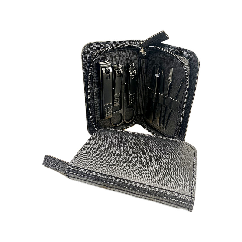 SSS 9-Piece Black Nail Tools Zipper Leather Set Eyebrow Clip