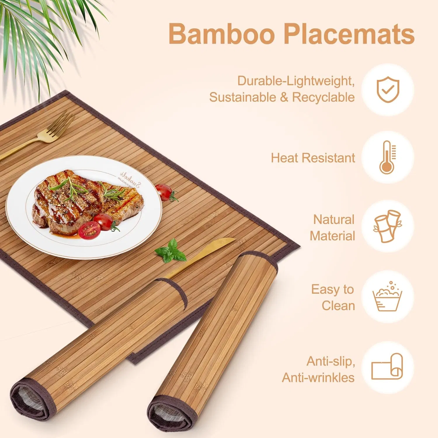 Natural Bamboo Table Matrectangular with Cloth Edge, Rollable Placemat for Dining