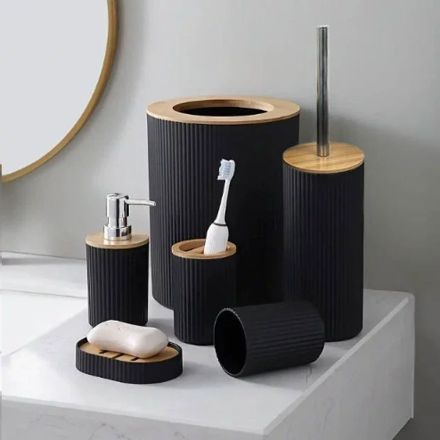 Bathroom Accessories Set 6PCS Toilet Brush, Trash Can & Soap Dispenser