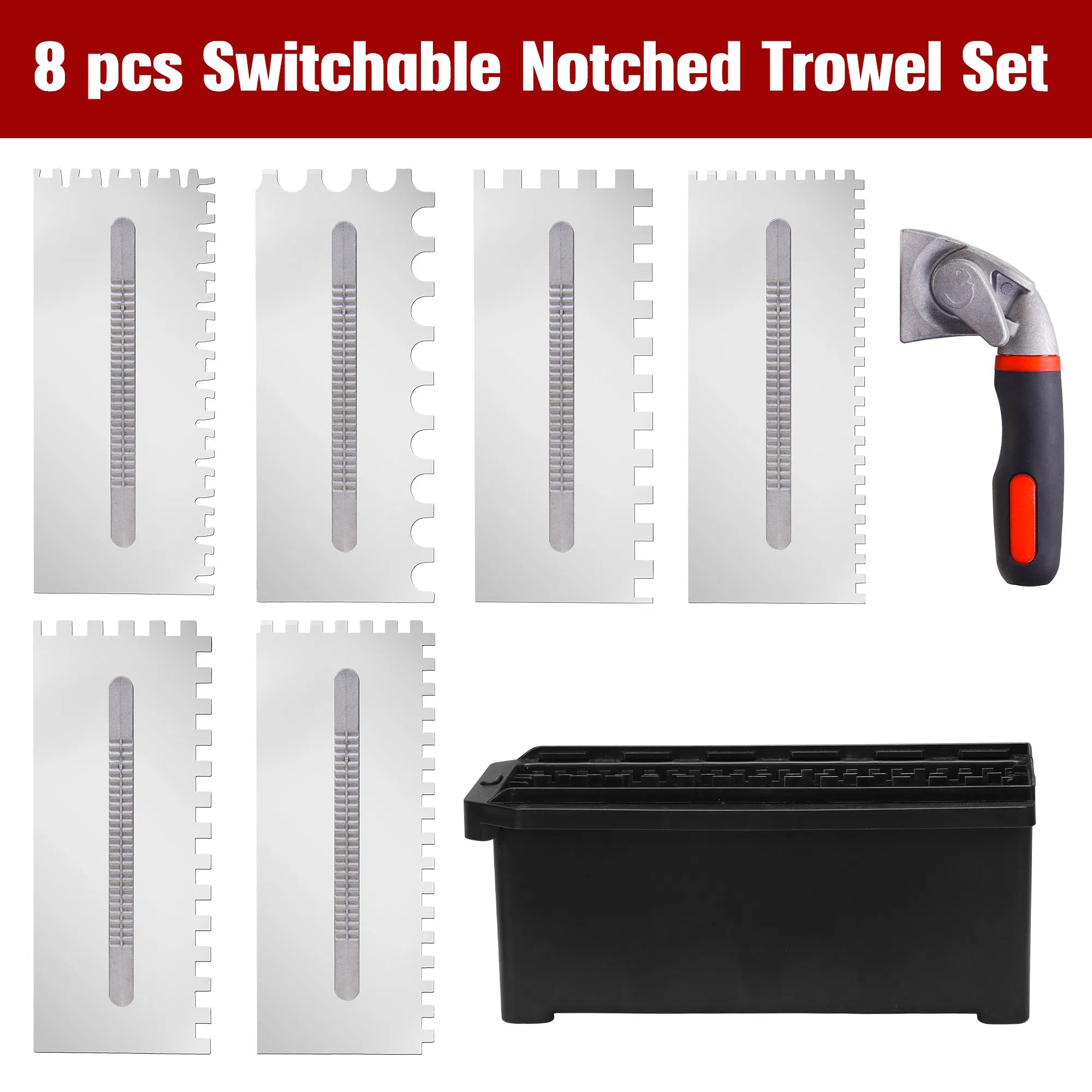 New Professional Stainless Steel Masonry Tool Notched Tiling Tile Construction Hand Tools Flat Square-Notched Plastering Trowel Kit with Replaceable Blade