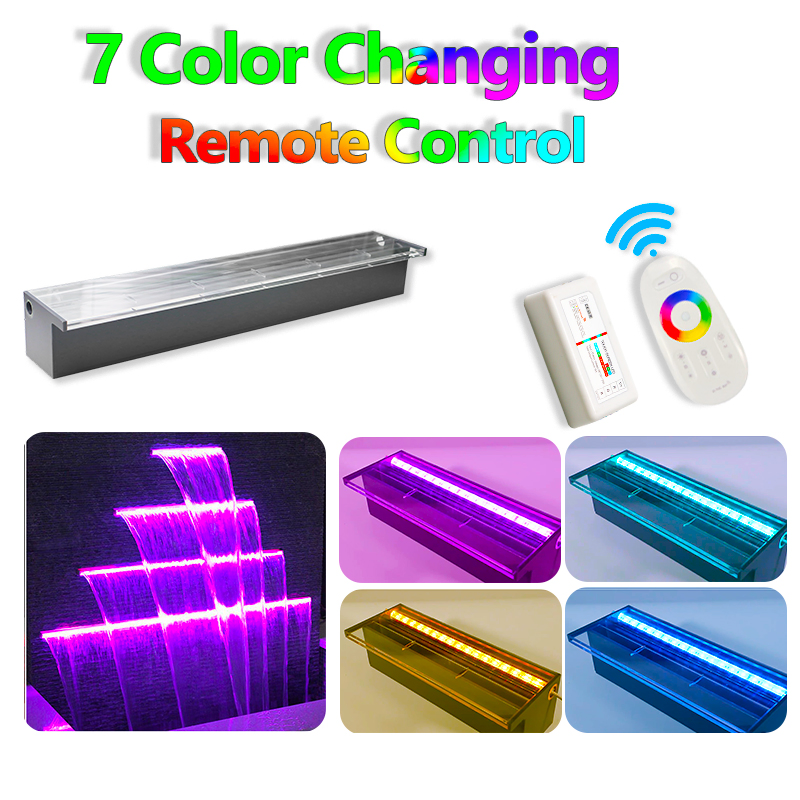 Pool Fountain Stainless Steel Pool Waterfall with 7 Colors LED Light Changing Remote for Spillway, Swimming Pool, Outdoor Garden Decorations Transparent