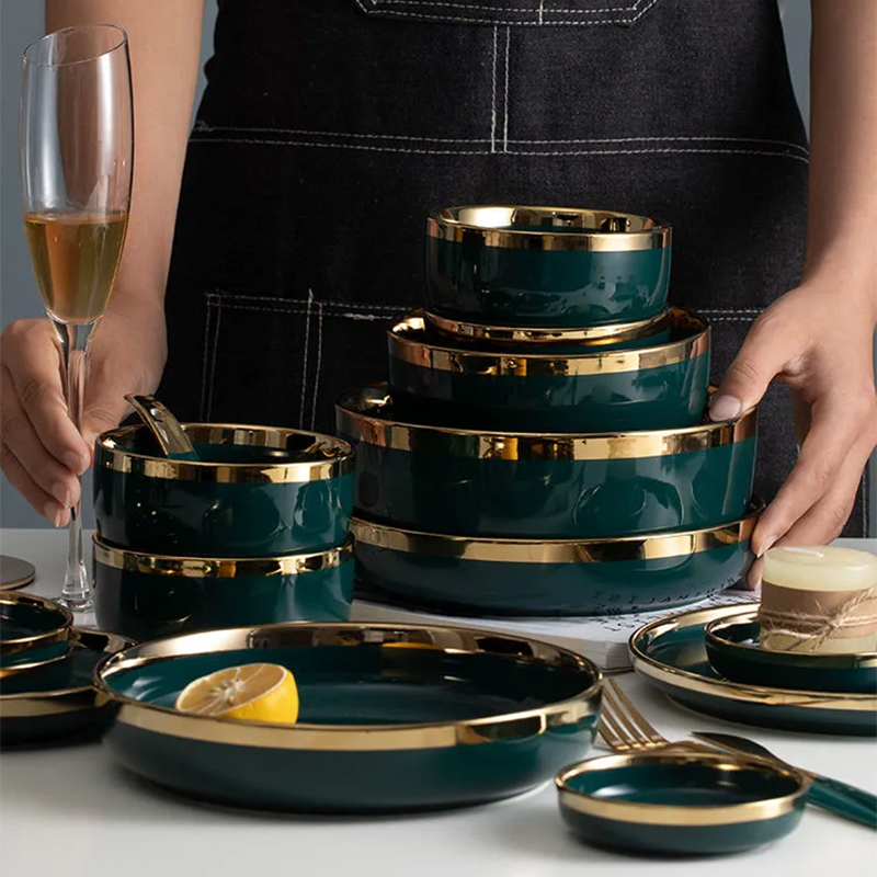 Emerald Green Ceramic Dinner Set with Elegant Golden Edges
