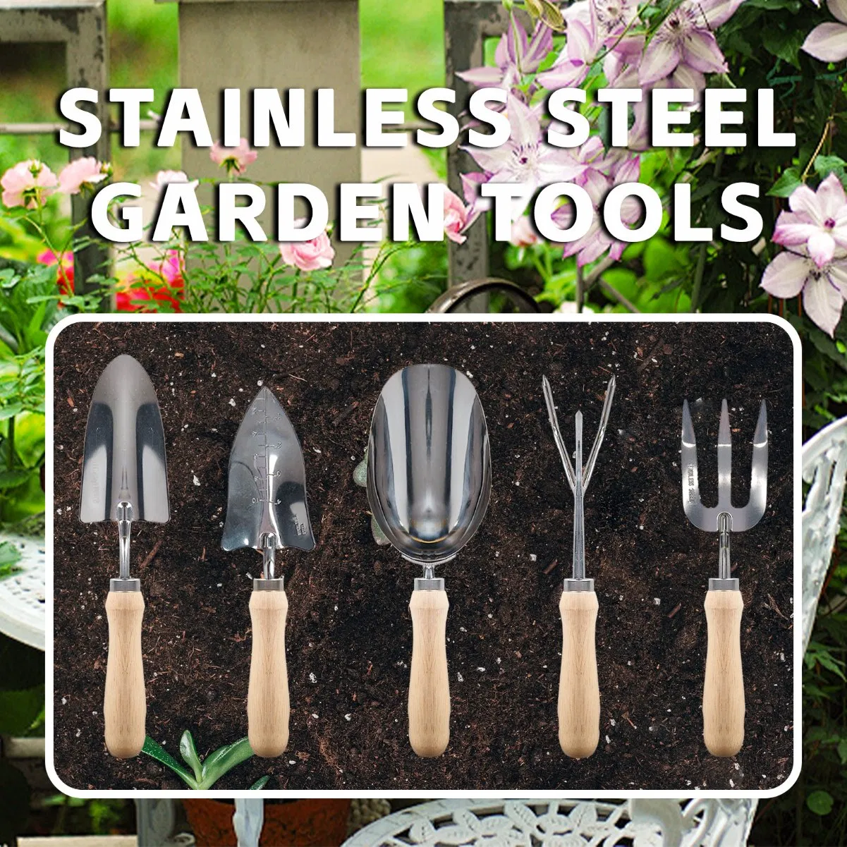 Garden Tool Set 5 Pieces Rake Shovel Fork with Ergonomic Non-Slip