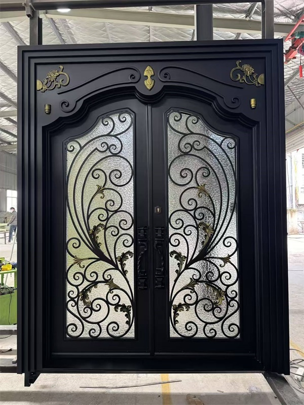 Unique Design Exterior Main Entrance Front Wrought Iron Door with Metal Steel Glass Front Securty Double Door