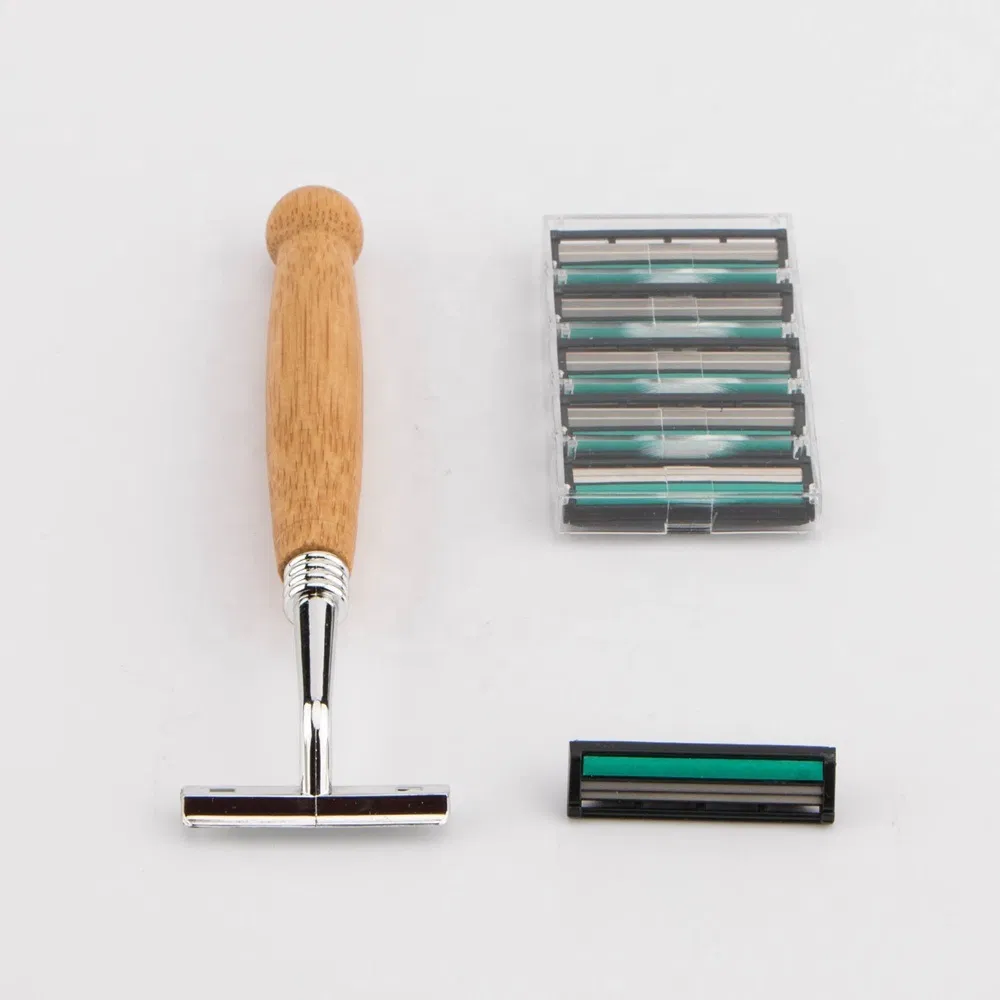 Hotel Travel Twin Blade Shaving Razor Eco Bamboo Handle Razor with 6 Cartridges