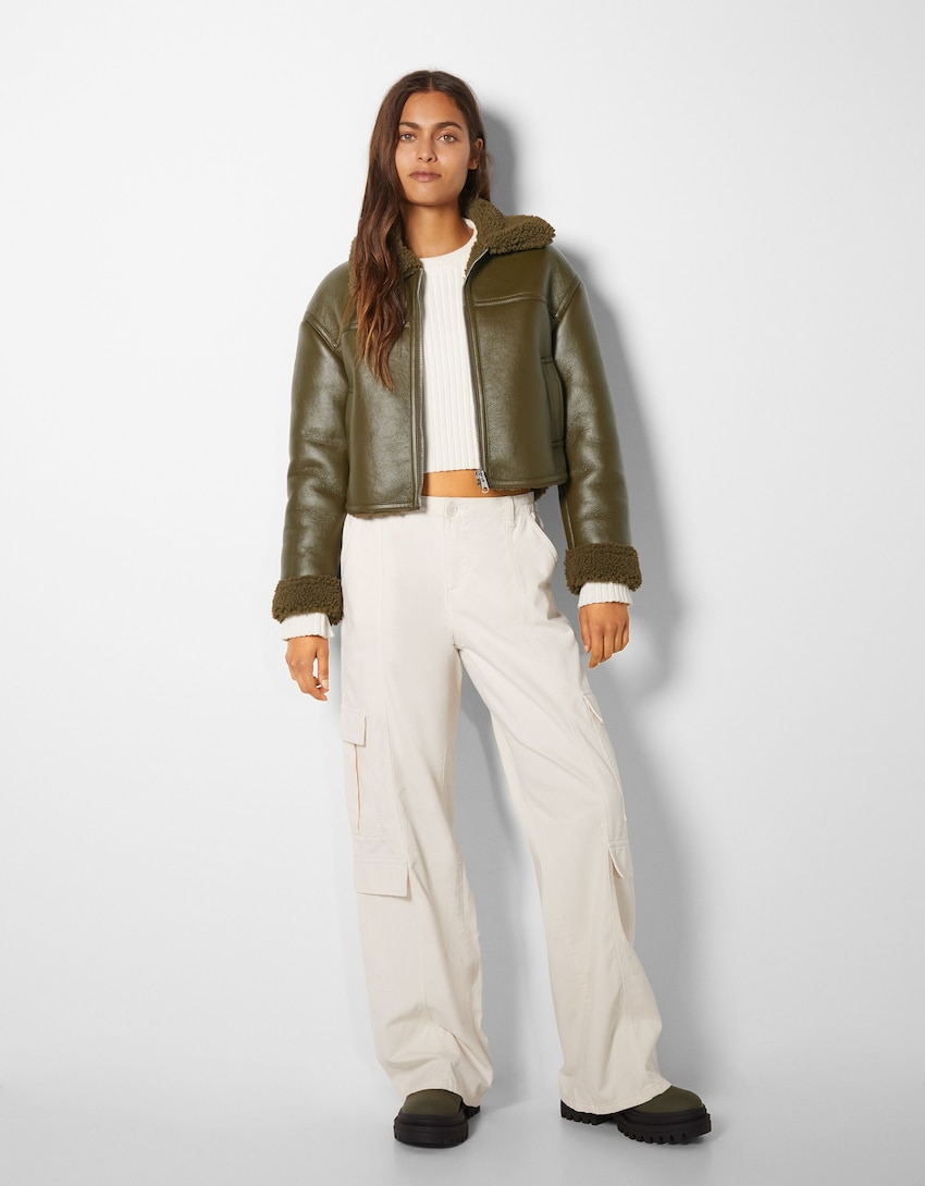 High Quality Lady's PU Short Jacket with Fur Lining