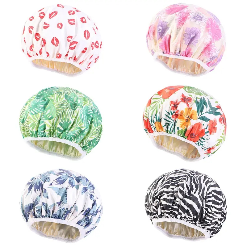 Customized Shower Cap Waterproof Double Layer Satin Lining Reusable EVA Bath Cap