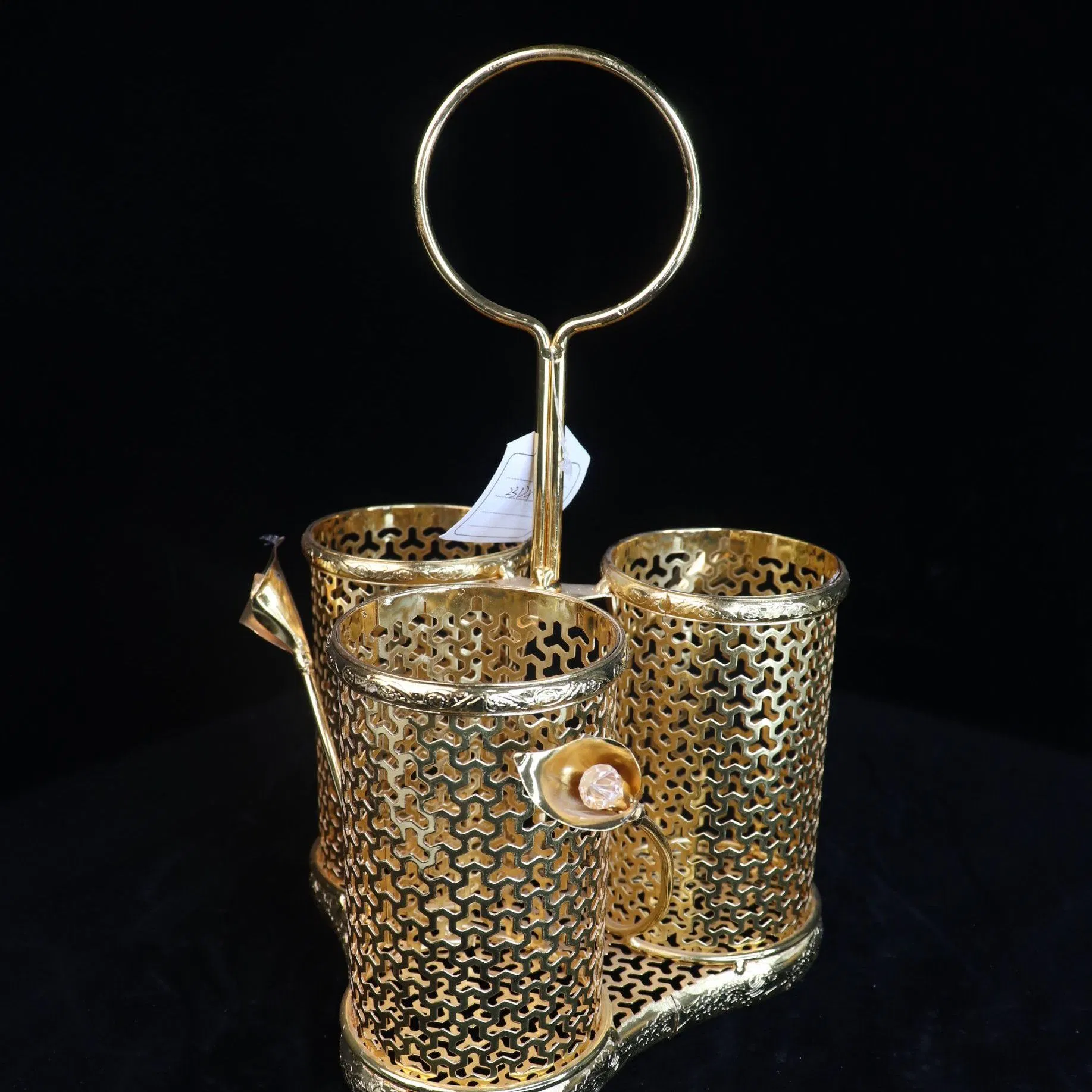 3-Tube Household Gold-Plated Iron Frame, Ceramic Tea Cup Decoration Set