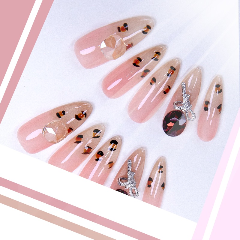 Chic Leopard Print Press-on Nails with Gemstone Bowknot