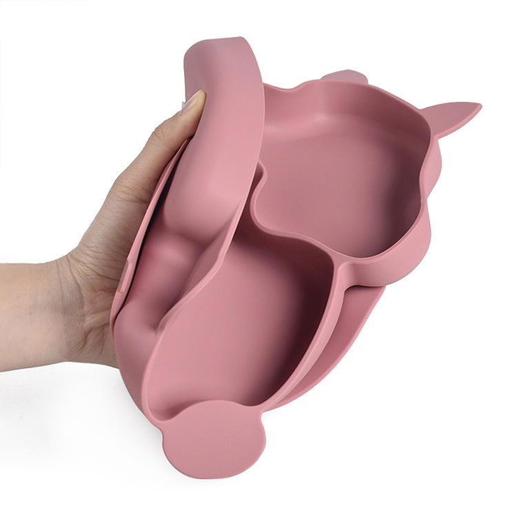 Children's Silicone Tableware 5-Piece Set with Wooden Handle, Fork Spoon, Silicone Bib, Plate, Bowl