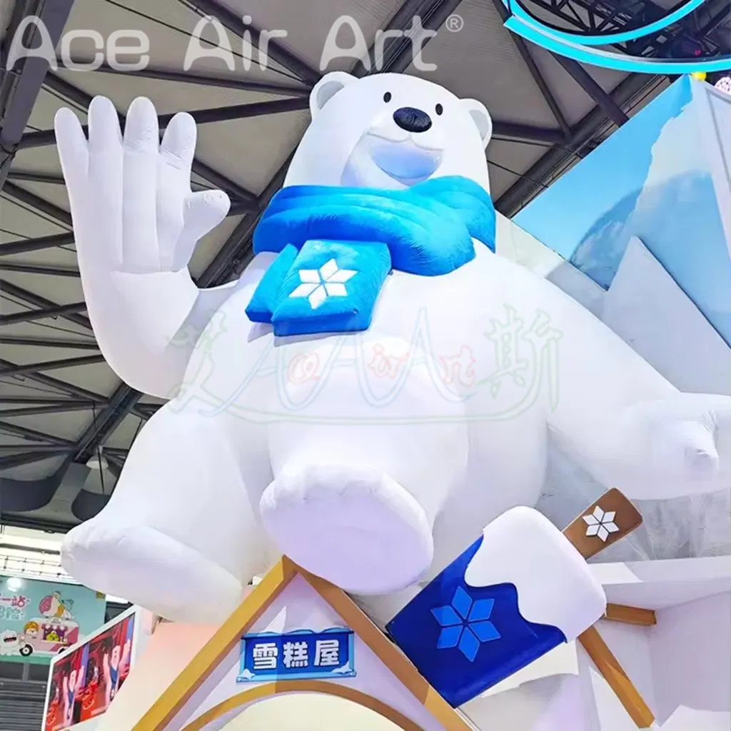Custom Inflatable Cartoon White Bear Waving Smiling with Blue Scarf for Christmas Holiday Promotion Decoration