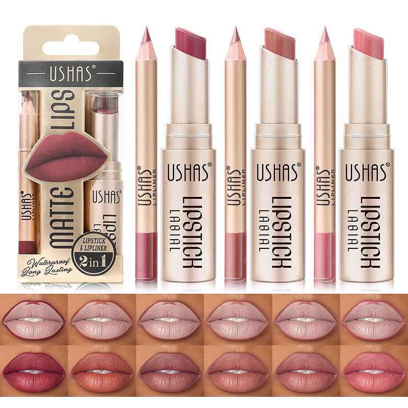 Lip Liner Pencil Strap Non Stick Cup Longlasting Waterproof Matte Lipstick Set 12 Colors