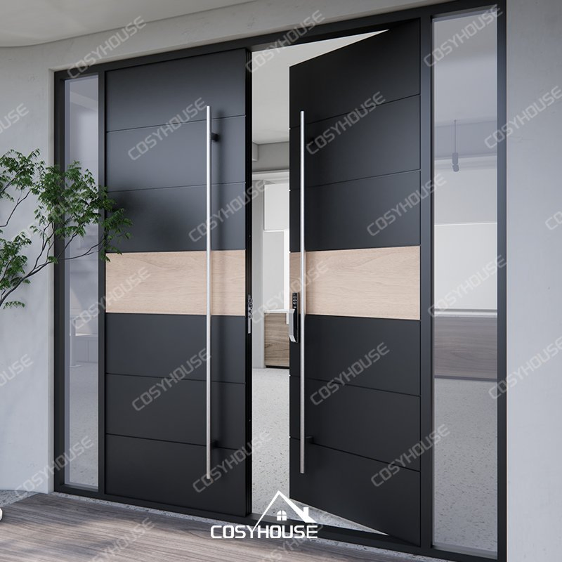 Rustic-Style Aluminum Double Front Door with Wood Finish