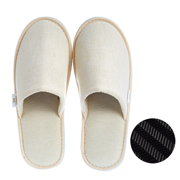 Custom Logo Luxury Non Slip Rubber Sole Canvas Fabric Guest SPA Disposable Closed Toe Slippers for Hotels