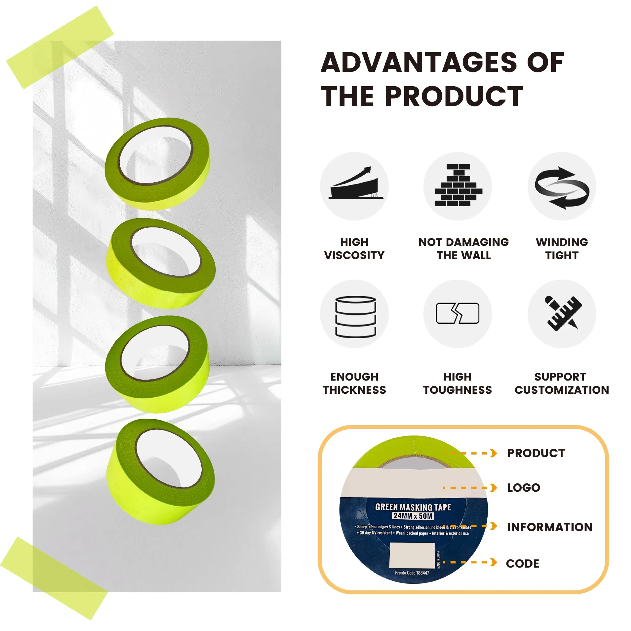 Green General Masking Tape for Automotive or Home Painting