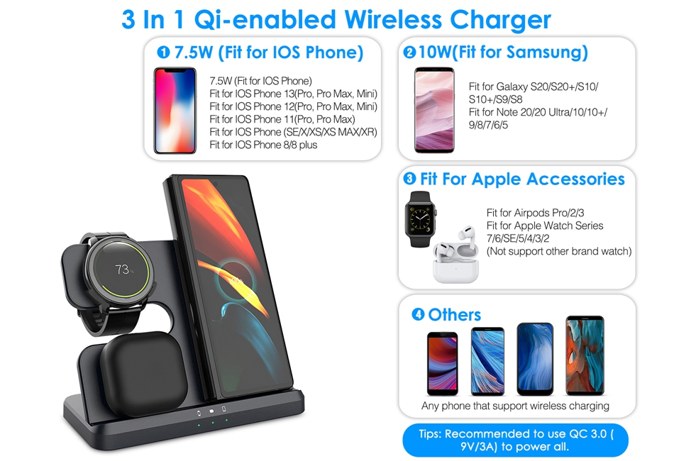 Wireless Charger 3 in 1 Charging Station for Android and Ios Mobile Phone Watch Headset
