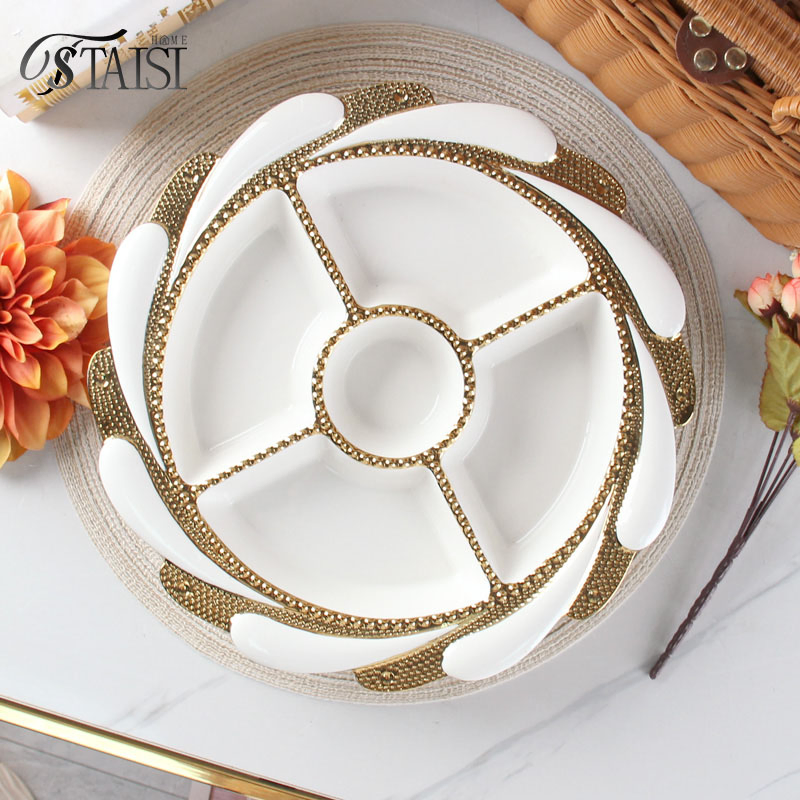 Ry007-Divided Plate Ceramic 5 Compartment Dried Fruit Snack Nuts Plate Porcelain Round Divided Dinner Plate for Parties