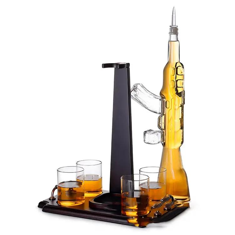 Hot Sale Machine Gun Glass Whiskey Decanter Set with Pine Platform Tray
