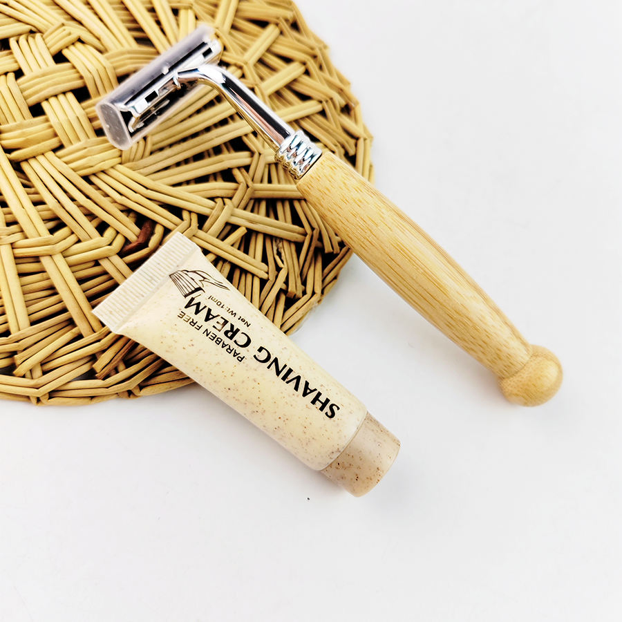 Eco-Friendly Natural Bamboo Handle Razor with 10g Wheat Bran Shaving Cream.