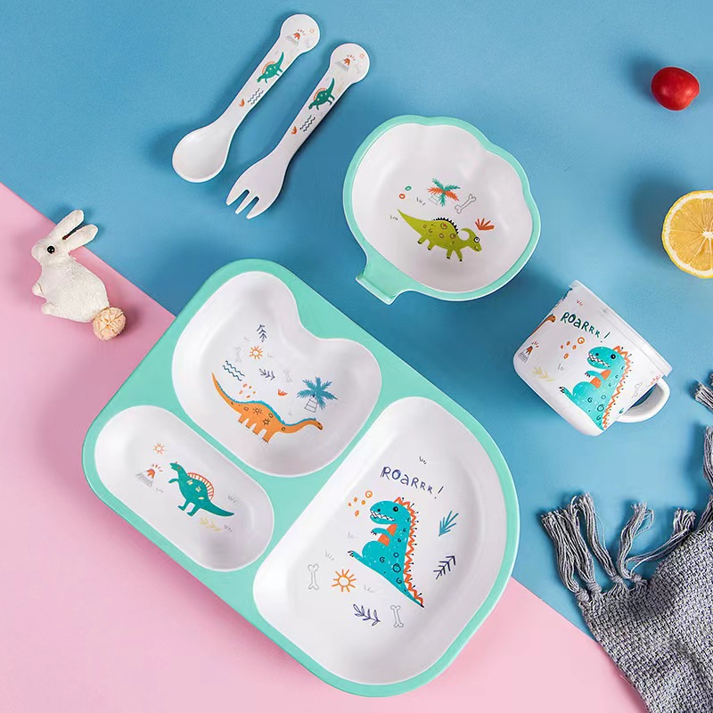 Aohea Children Eco Friendly Bamboo Fiber Kids Spork Cutlery Gift 5PCS Dinner Set