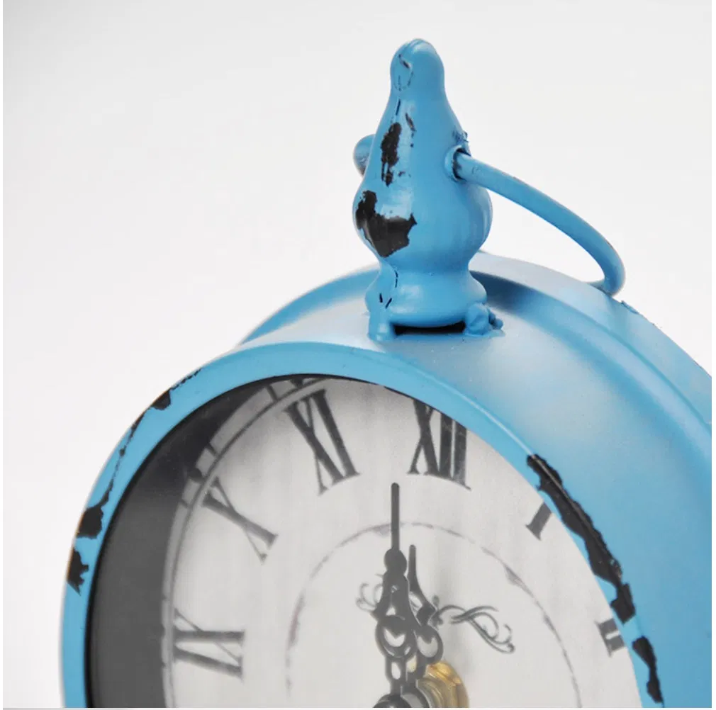 Perfect Gift Metal Frame Table Alarm Clocks Round Blue Iron Table Alarm