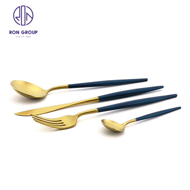 Western Restaurant Hotel Kitchen Silverware Knife Spoon Fork Solid Blue Handle with Gold Flatware Stainless Steel Cutlery