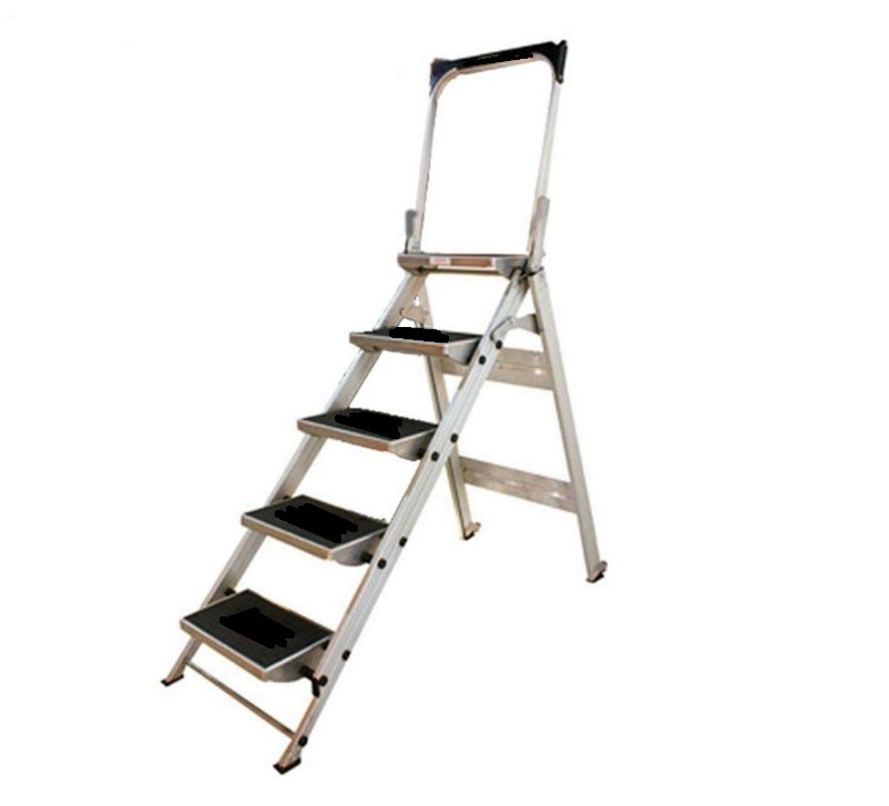 Household 5 Steps Aluminum Ladder with Tool Tray, Folding Step Ladder with Pulleys