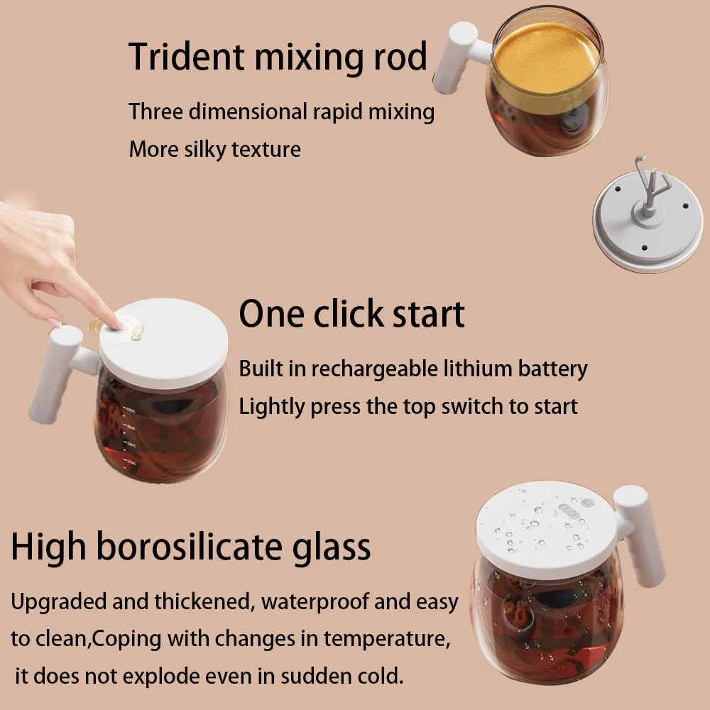 Automatic 400ml Self Stirring Waterproof Free Hand Coffee Mug Electric High Speed FDA Food Lever Mixing Cup with Seal Lid and High Borosilicate Glass