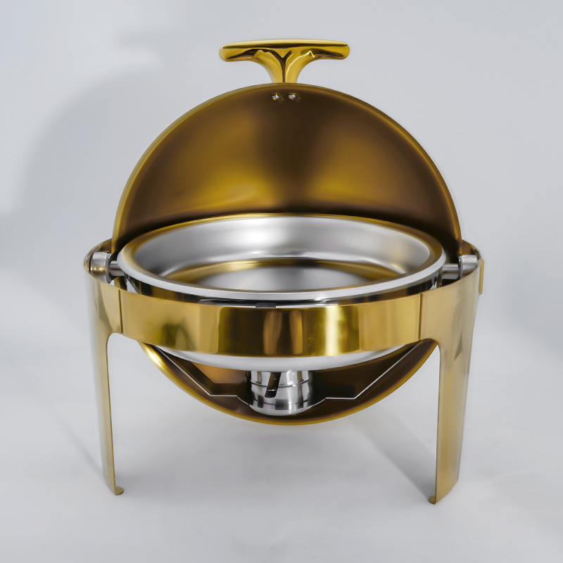 Daosheng Wholesale Luxury High Quality Gold Color 6L Stainless Steel Chafing Dish Round Rolling Top Buffet Stove