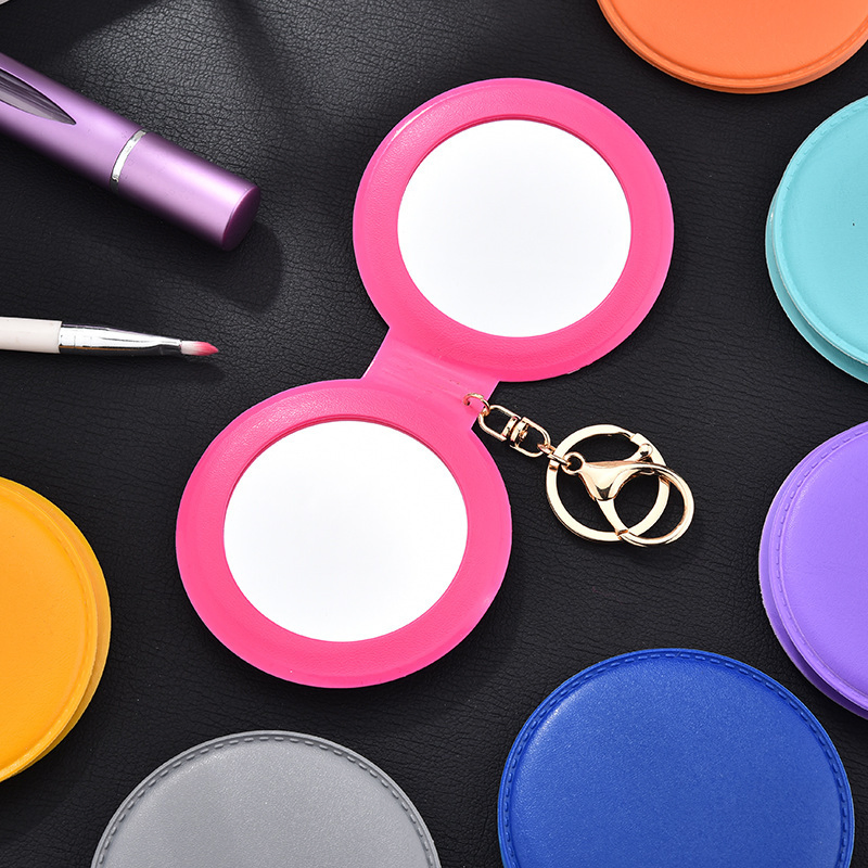 Wholesale Candy-Colored Makeup Mirror Leather Small Round Mirror Portable Folding Makeup Mirror Keychain