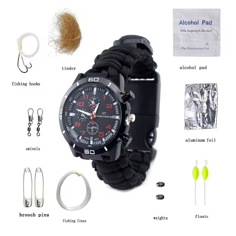 Multifunctional Watch with Paracord, Flint, Compass for Outdoor Adventures