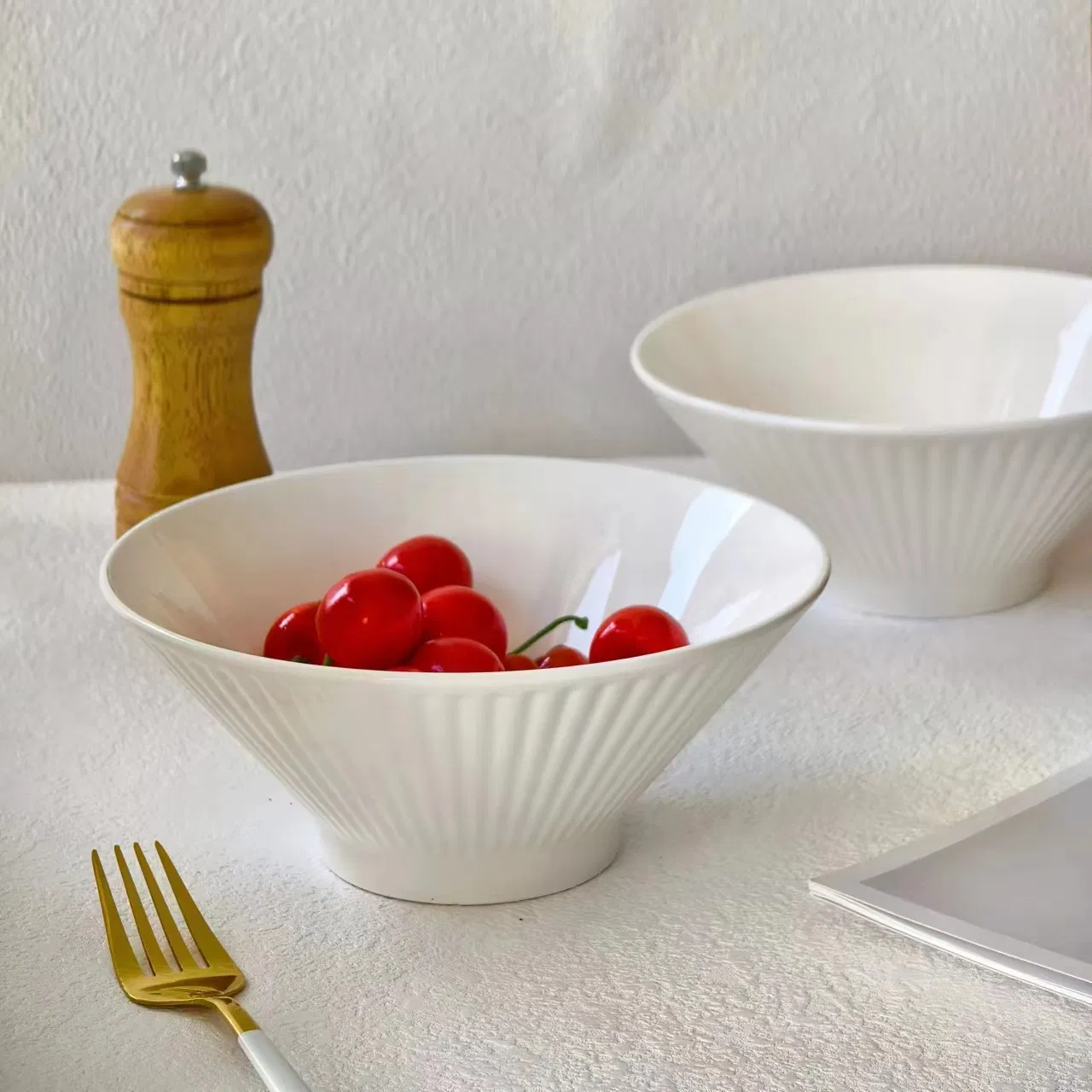 8"Salad Food Soup Bowl White Body with Emboss Ceramic Porcelain Tableware