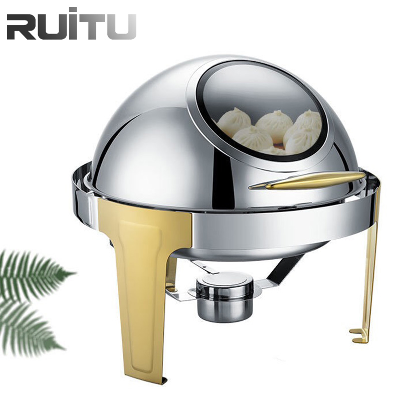 Buffetware Stoves restaurant Food Warmer Equipment High Quality Chaving Dish Gold Legs Silver Roll Top Round 6qt Cheap Economic Party Chafing Dishes for Sale