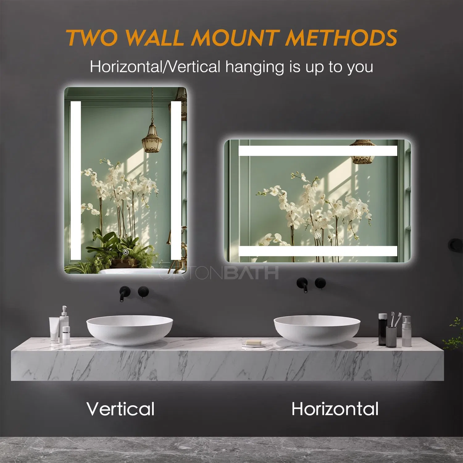 Ortonbath Two LED Strips LED Bathroom Mirror Anti Fog, Dimmable Touch Button Slim 90 CRI Waterproof IP44, Both Vertical and Horizontal Wall Mounted Mirror