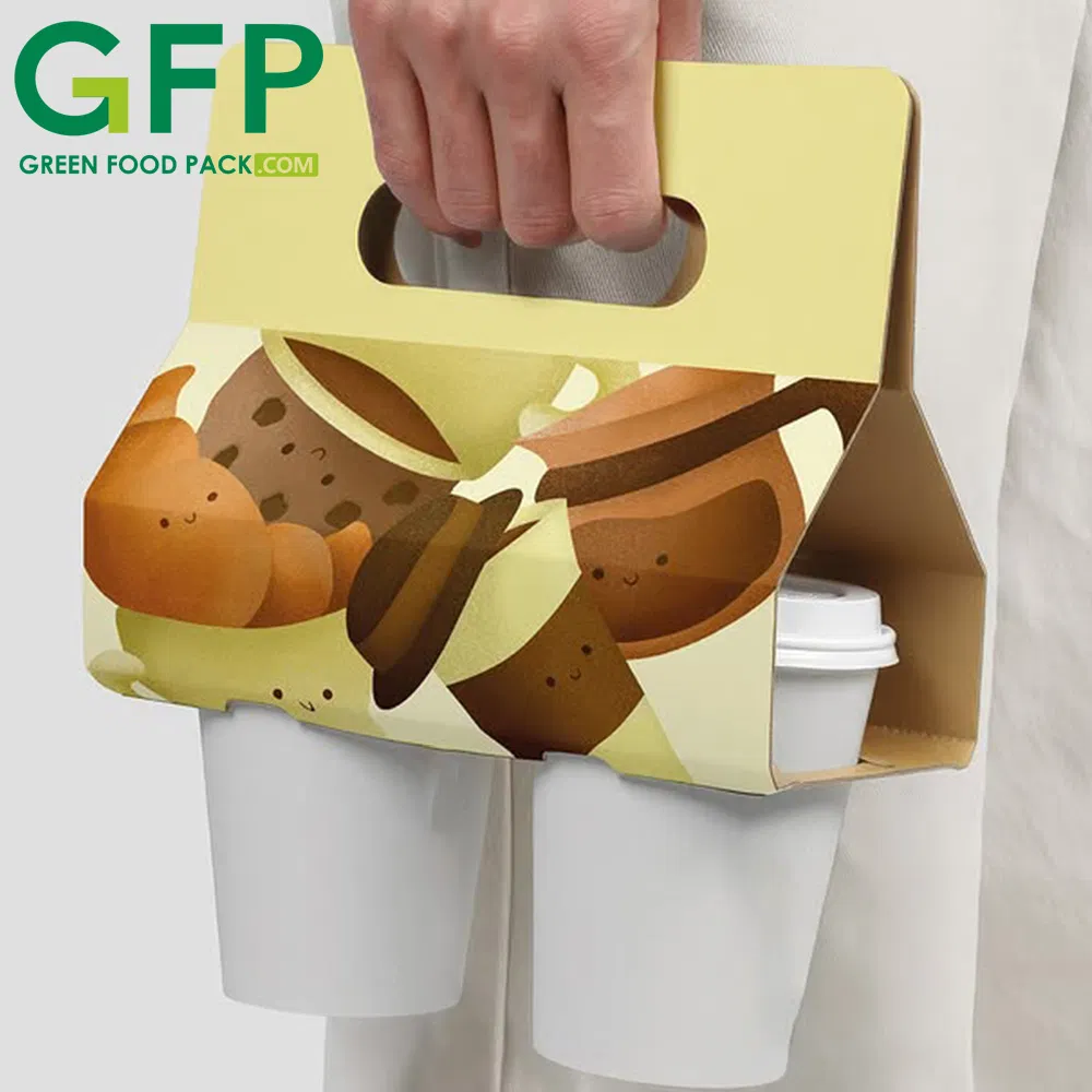 Custom Printed Disposable 2-Cup Carrier Double Wall Kraft White Cardboard Cafe Cup Holders for Milk Tea Coffee Take Away Go
