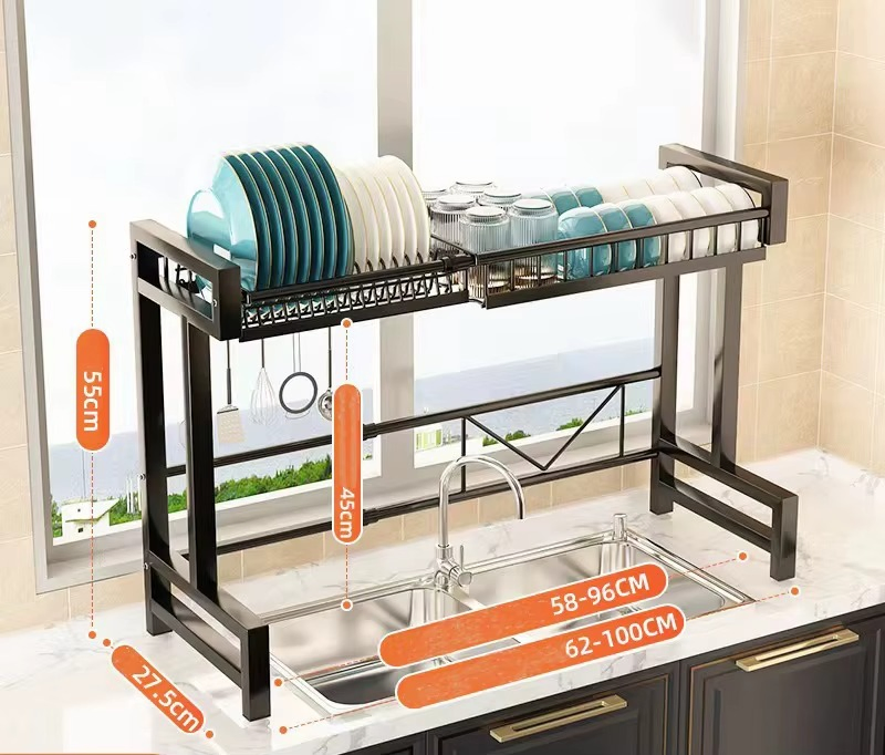 Single-Layer Stainless Steel Over Sink Shelf, Extendable Countertop Organizer with Adjustable Width for Storage and Filtering