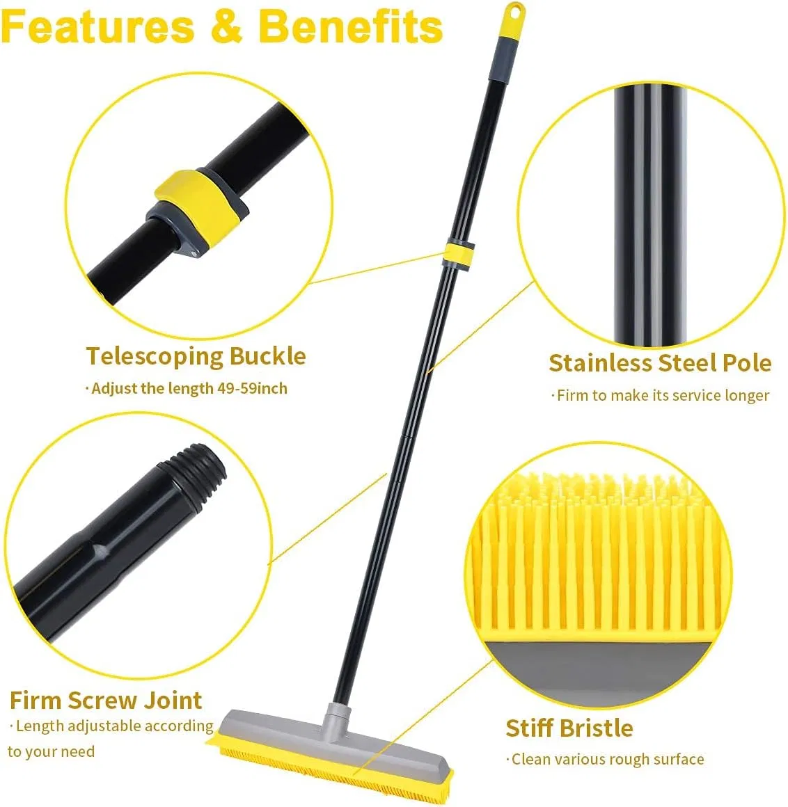Long Push Rubber Broom Bristles Sweeper Squeegee Scratch Free Bristle Broom for Pet Cat Dog Hair Carpet Hardwood Windows Clean