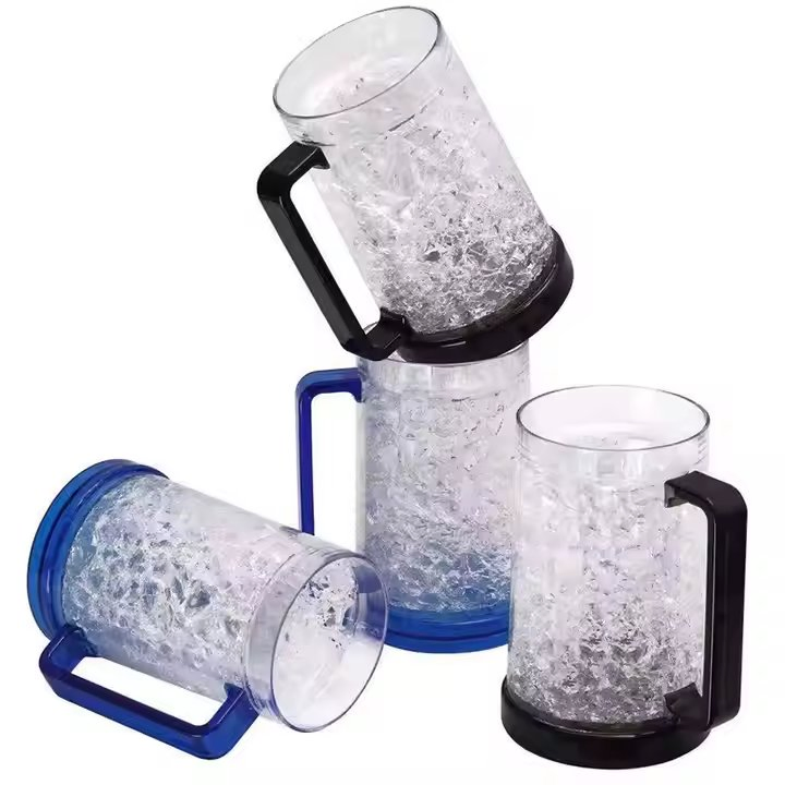 Clear Black Blue16oz Double Wall Gel Freezer Drinking Plastic Cups Cooling Beer Mug with Handle