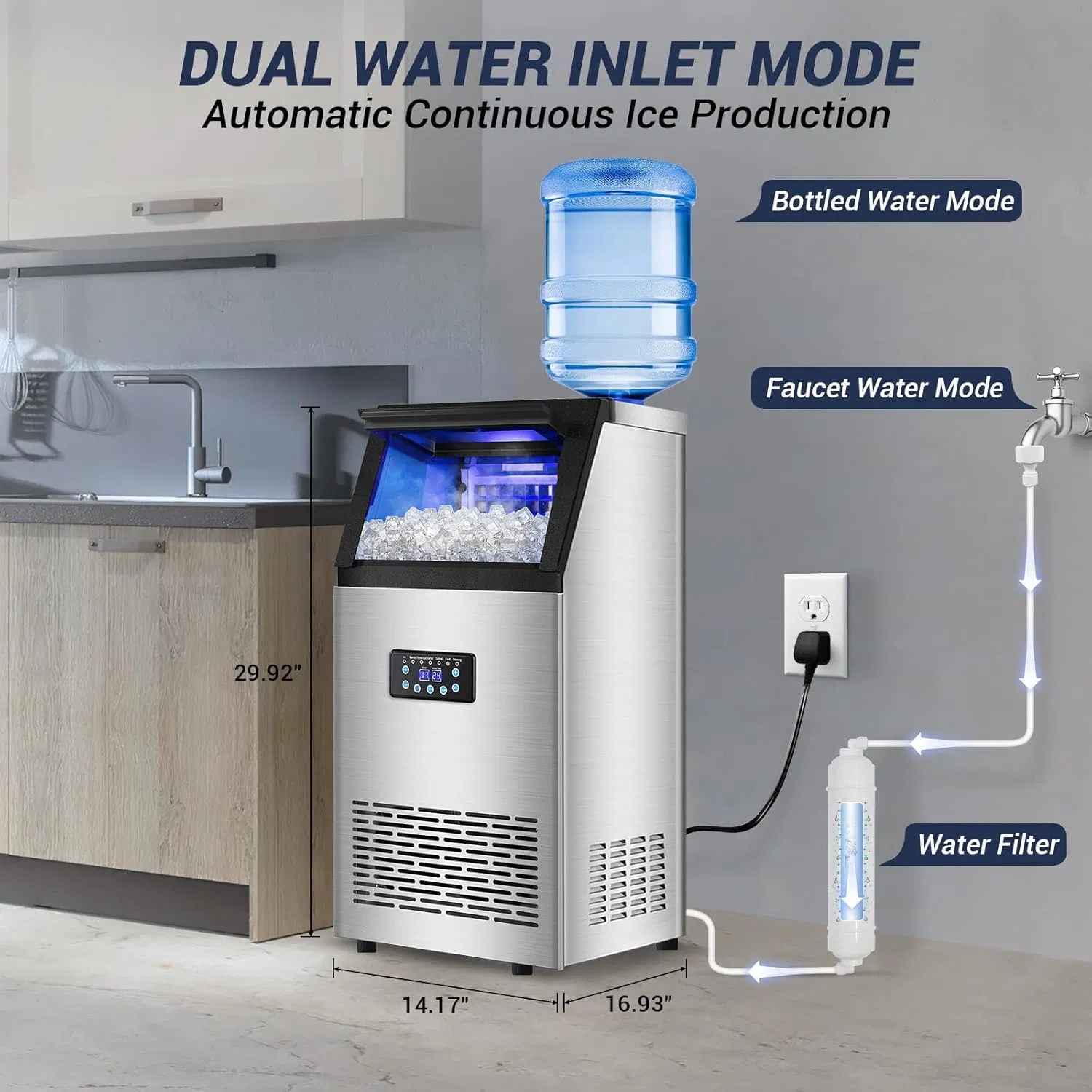 Commercial Ice Maker 100 Lbs / 45kgs Daily Production, Under Counter / Freestanding, Dual Water Inlet