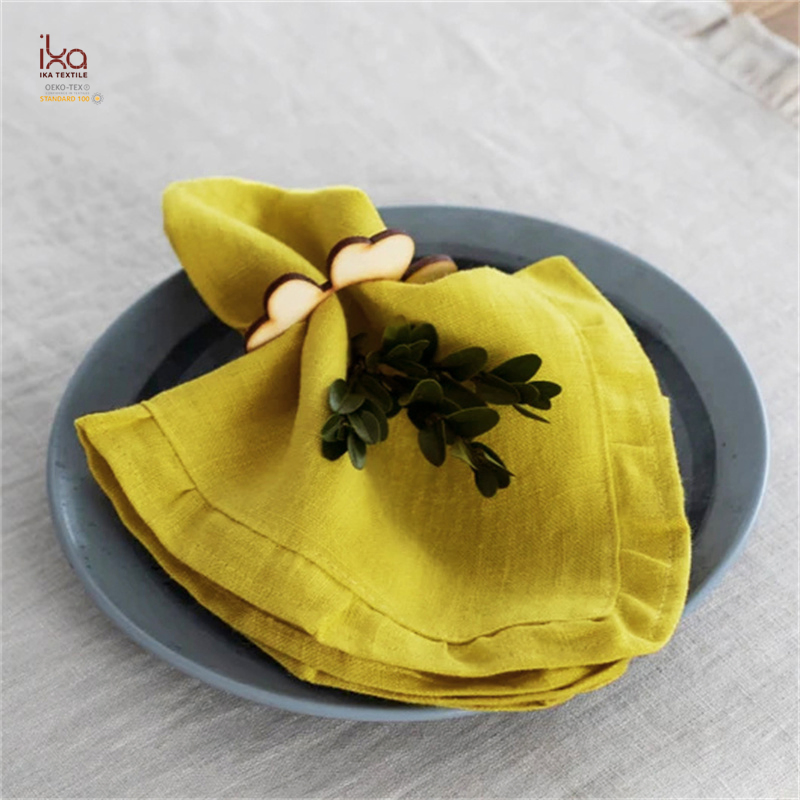 Wholesale Wedding Decoration Items Rustic Home Decor Natural White Party Dinner Ruffle Custom Printed Pure Linen Napkin with Embroidery Logo