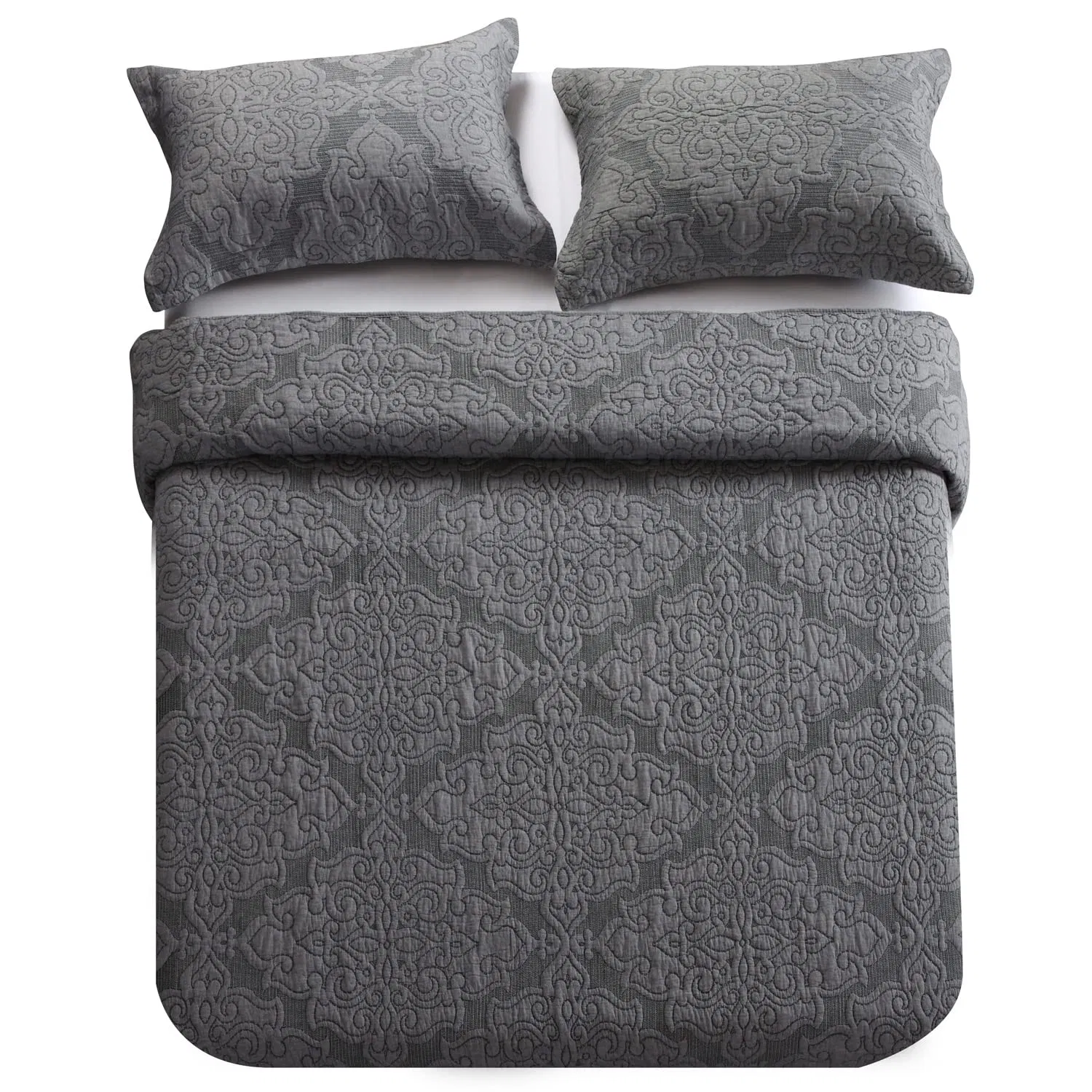 Reversible Bedspread Embroidered Microfiber Coverlet Jacquard Embossed Floral Quilt