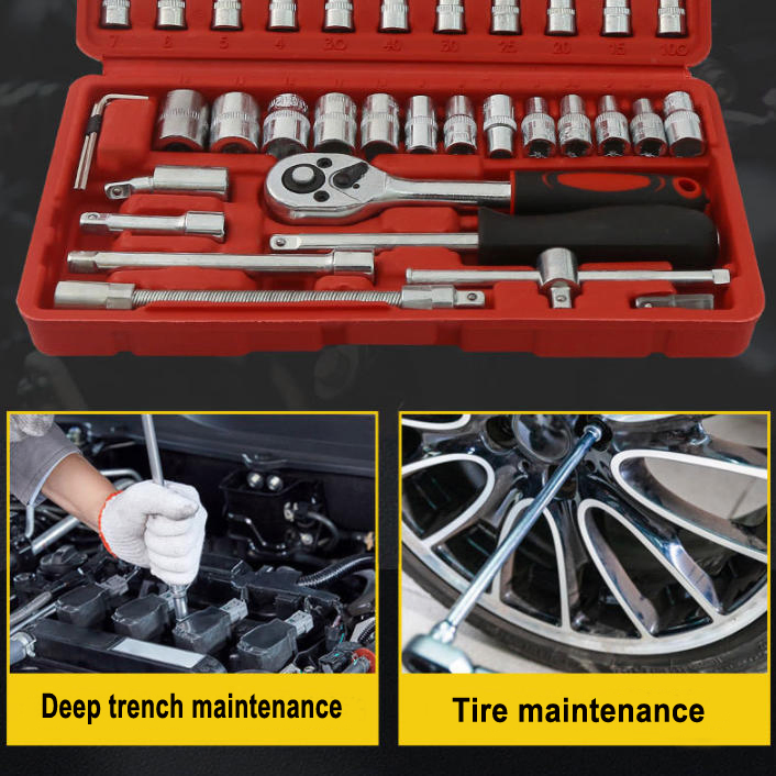 46PCS Car Repair Tool Kit 1/4 Inch Socket Ratchet Torque Wrench Mechanic Tool