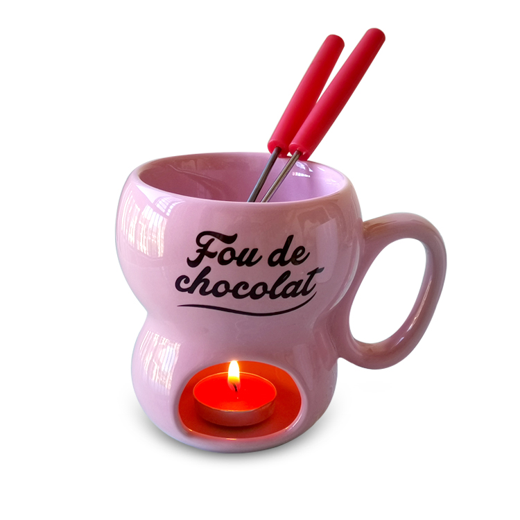 Wholesale Mug Shape Chocolate Fondue Set with Skewers Hot Sale Ceramic Cheese Melting Pot Stoneware Butter Warmer Cup Fondue Set