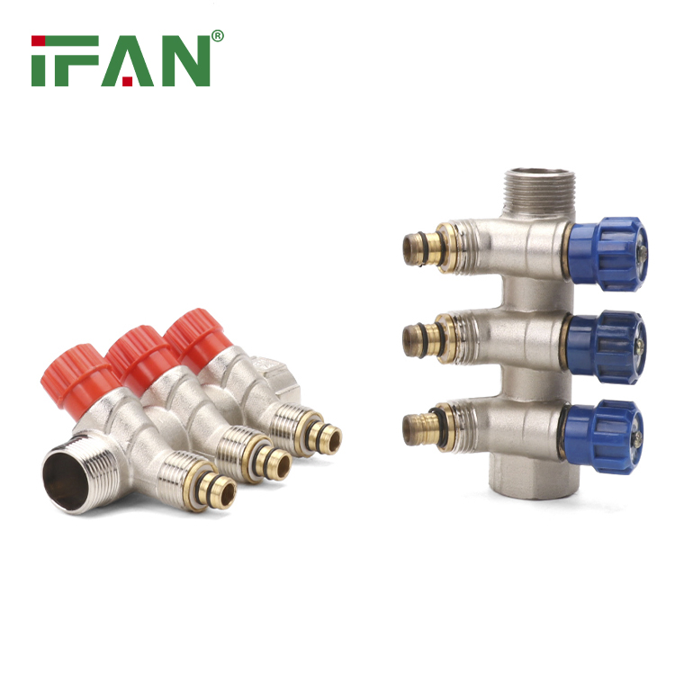 Ifan Corrosion Resistant ISO15875 Under Floor Heating Manifold Regulated 3-Way Brass Manifold Blue Handle Pex Manifold