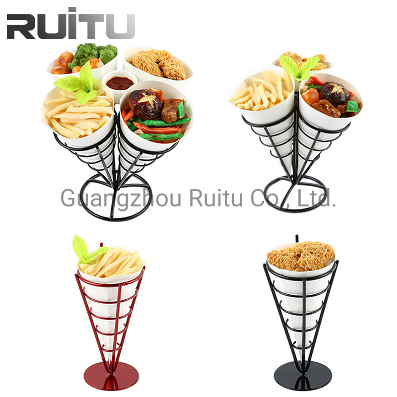 Restaurant Kfc Buffet Fast Food Serving Snack Black Stainless Steel Metal Basket Stand Wire French Fries Fryer Chips Cone Paper French Fry Holder