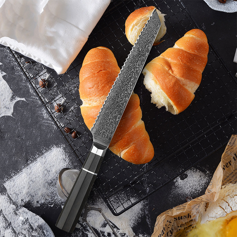 Нож для хлеба VG10 Damascus с деревянной ручкой