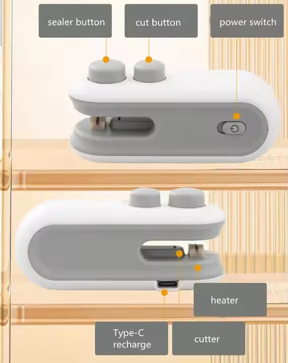 Handheld USB Rechargeable Mini Clip Bag Sealing Machine Food Plastic Bag Sealer Heat Seal with Cutter Portable Vacuum Sealer